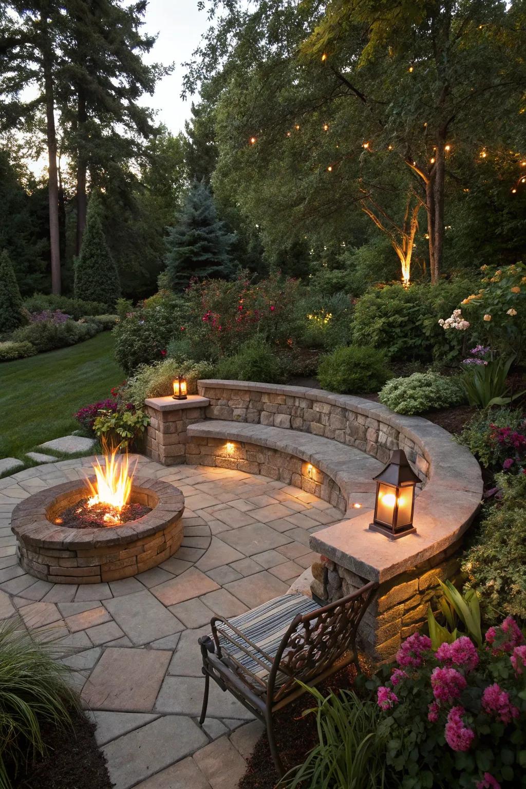 A stone bench adds style and practicality to your fire pit.