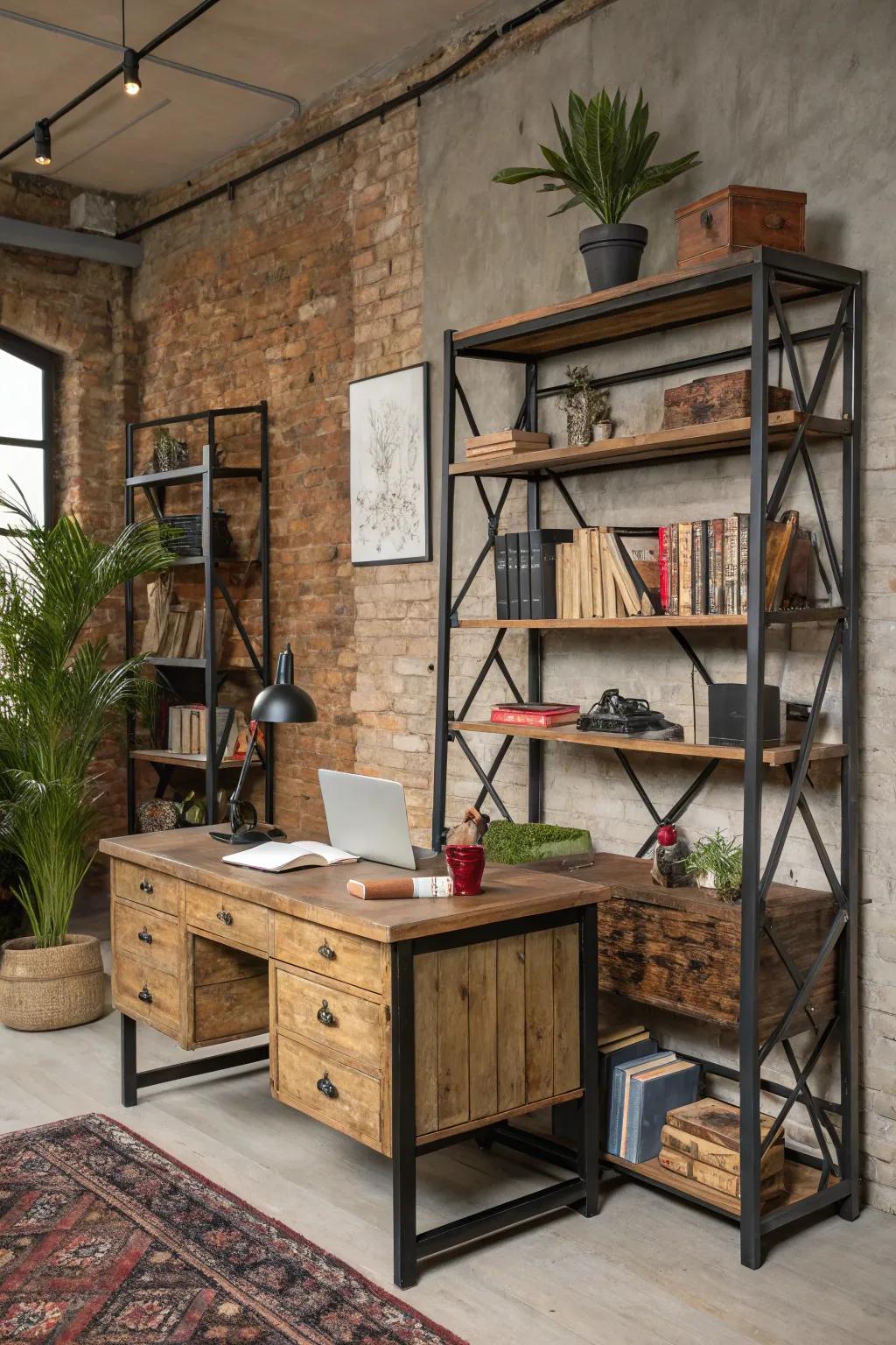 Industrial shelving provides style and function within a country office.
