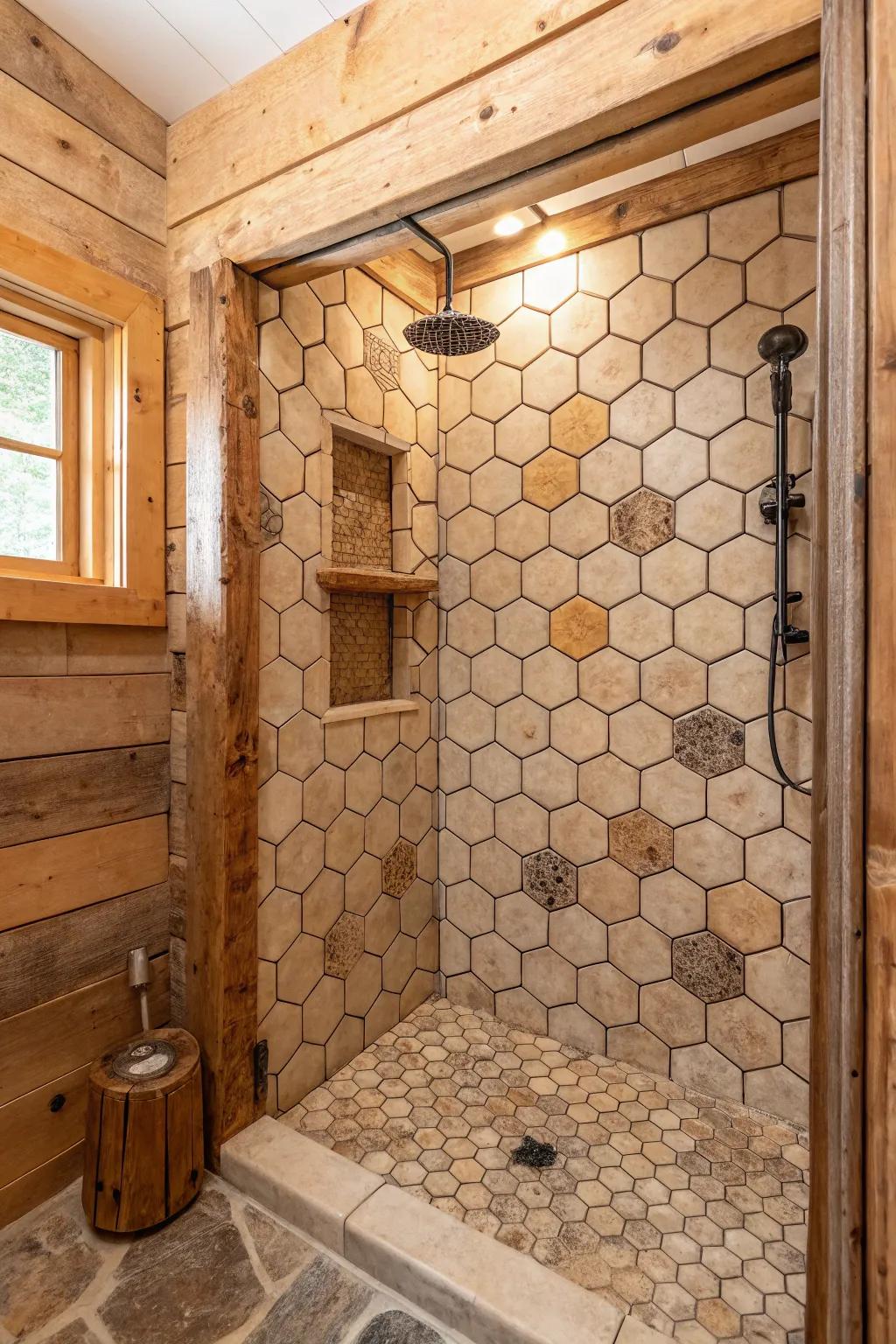 Six-sided panels offer geometric interest in this country style setting.