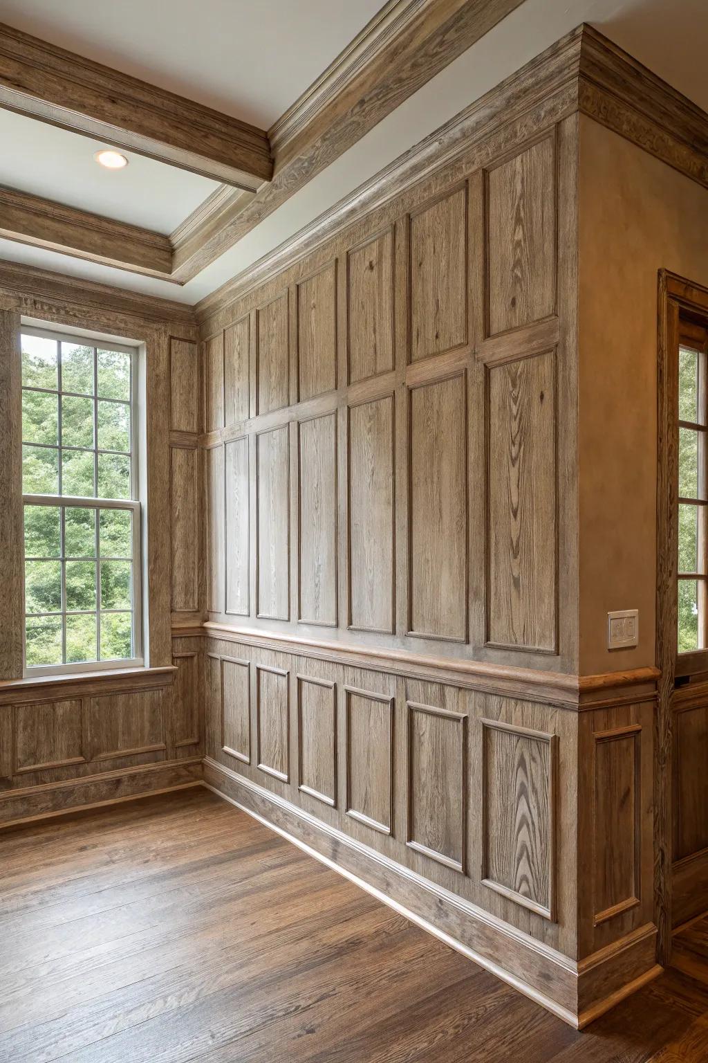 Depth and richness are added by layered textures in wainscoting.