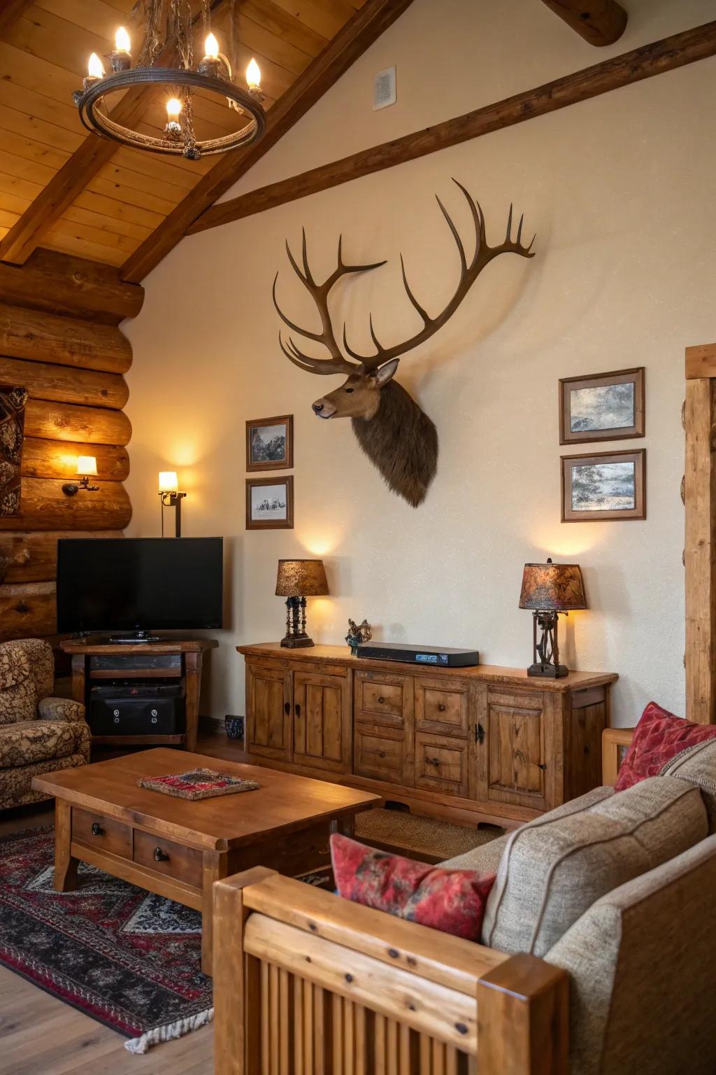 An artificial antler wall mount serves as a remarkable statement piece in country decor.