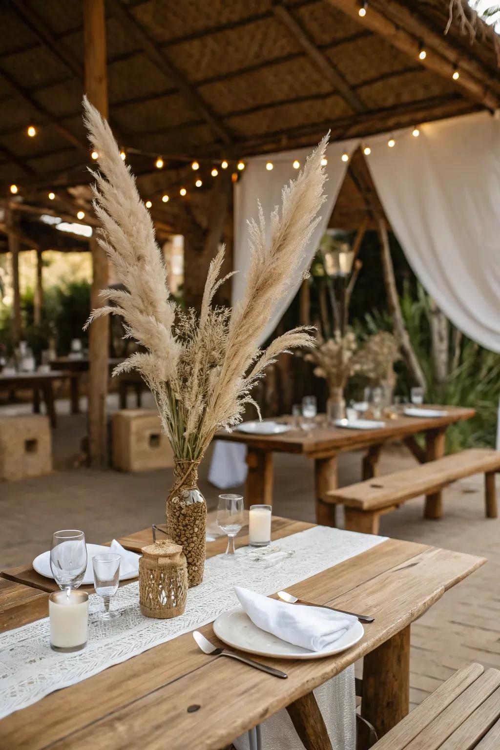 Elegant pampas herb contributing elevation and texture to the table décor.