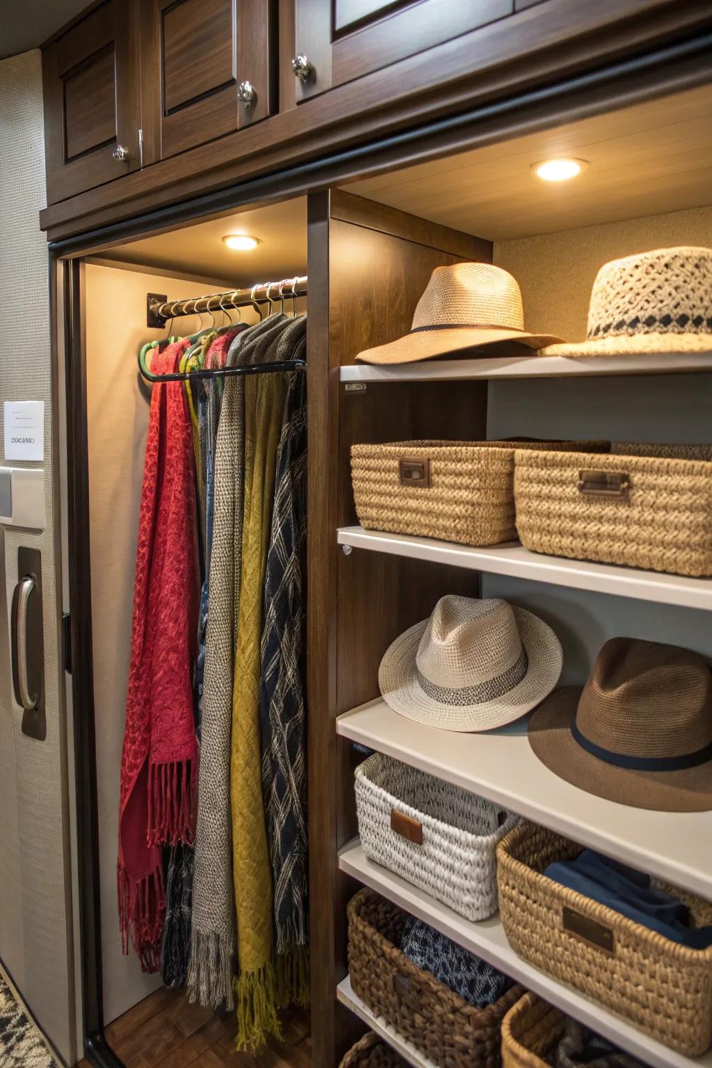 Under-shelf baskets add extra storage space for lightweight items.