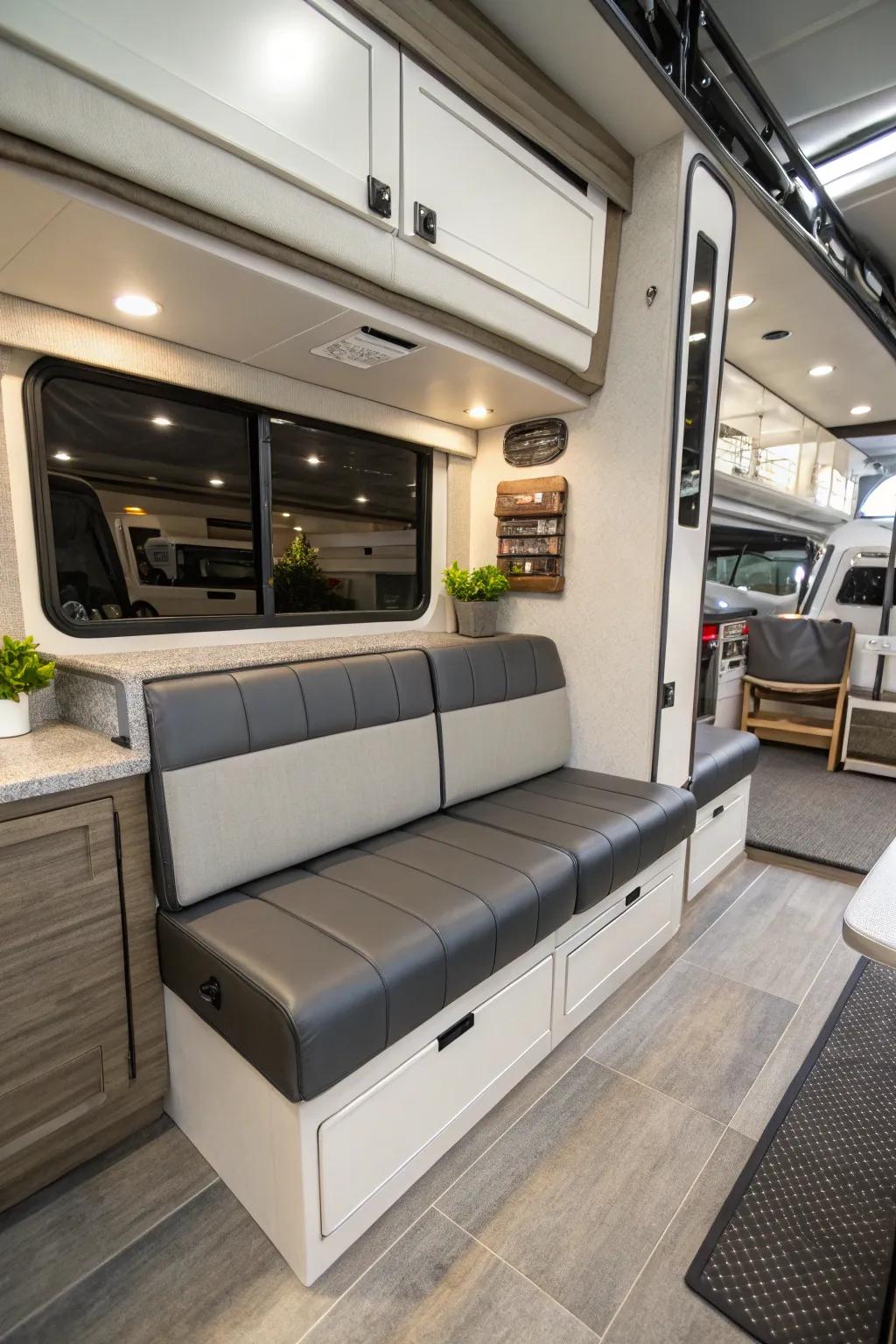 Bench seating maximizes area and seating options in RVs.