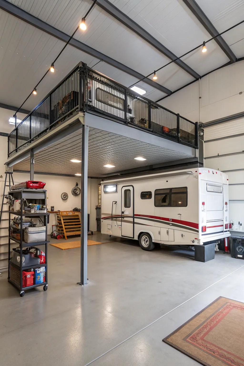 Mezzanine in an RV garage for maximizing vertical space efficiently.