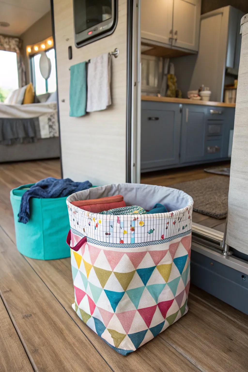 A personalized DIY hamper adding a homely touch to the RV.