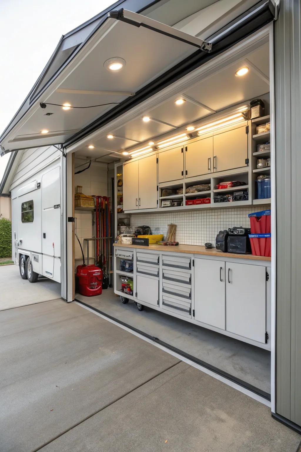 An RV shelter with built-in storage for maximum utility.