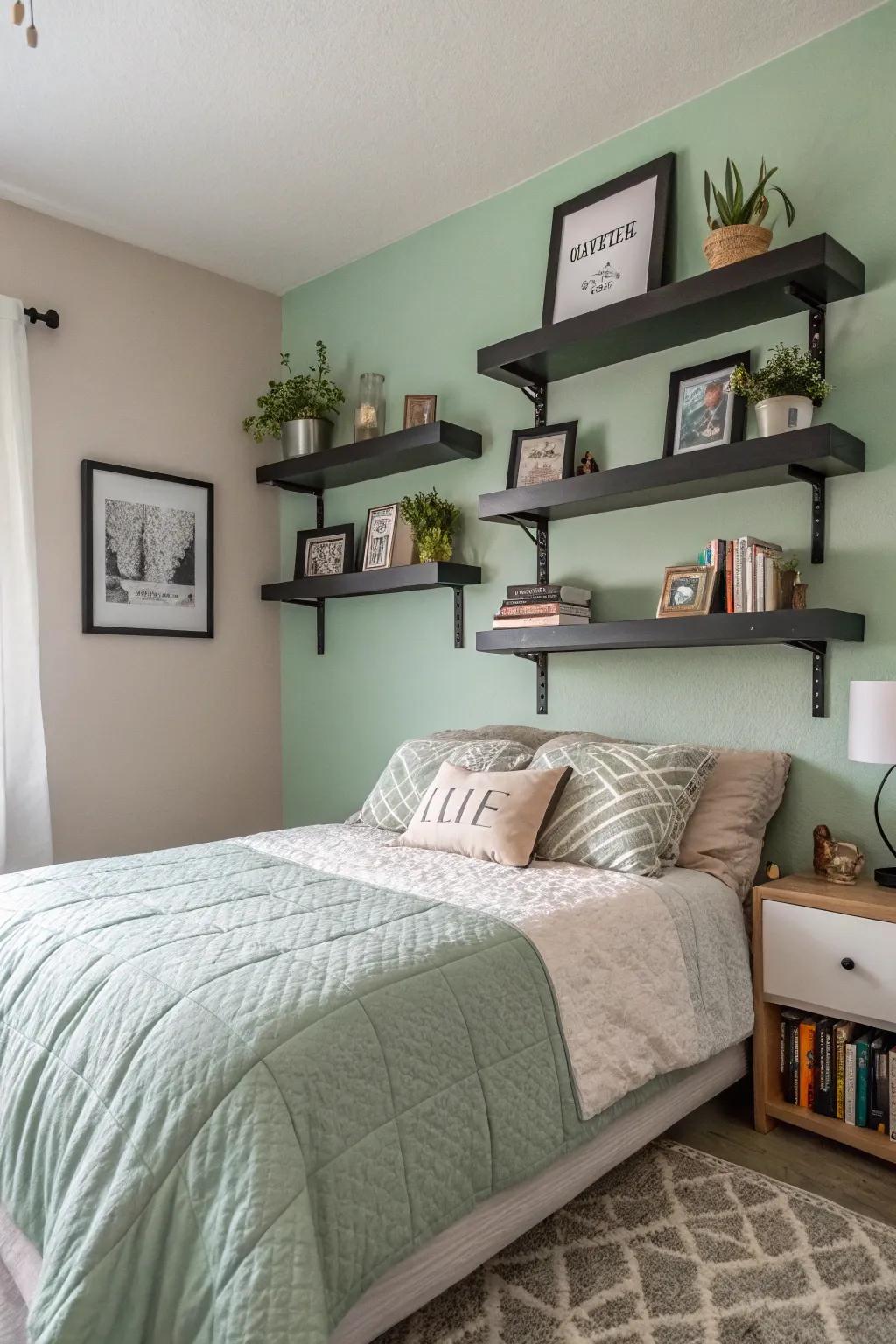 Floating shelves offer stylish storage and display choices in the bedroom.