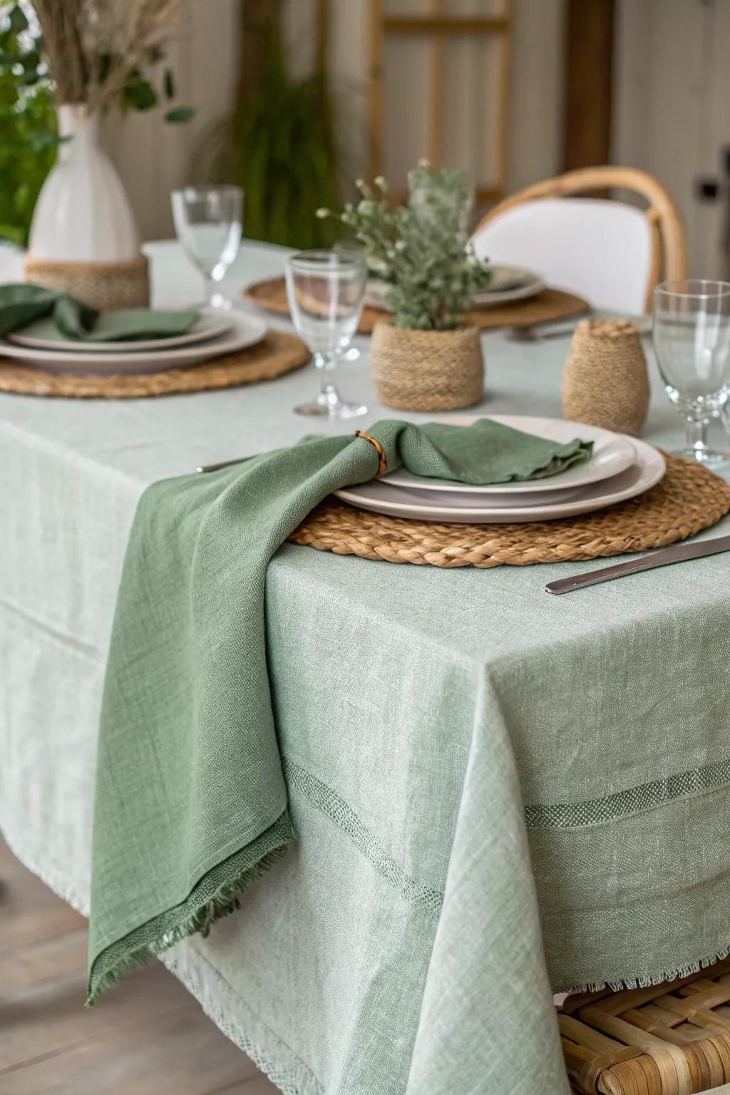 Textured materials in sage green add depth and intrigue to your table decor.