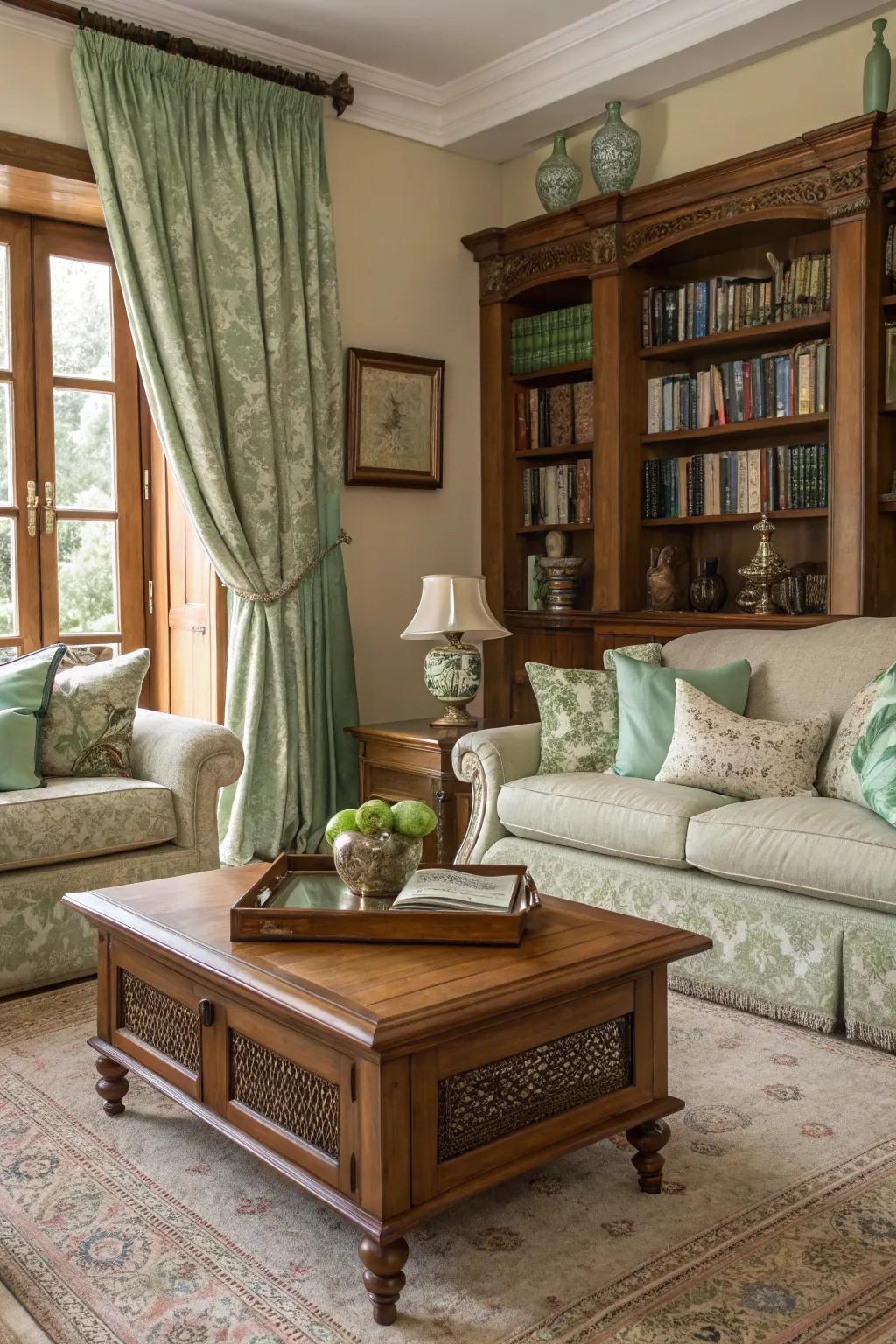 Vintage finds add character and history to a sage green room.
