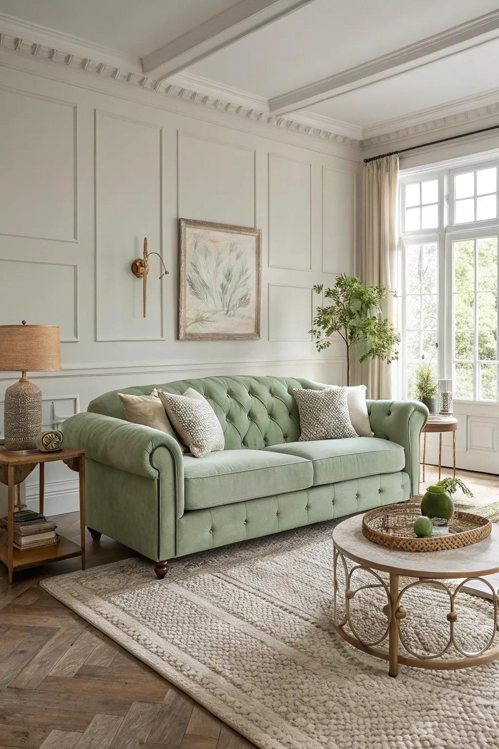 A living room featuring a bold sage green sofa as the focal point.