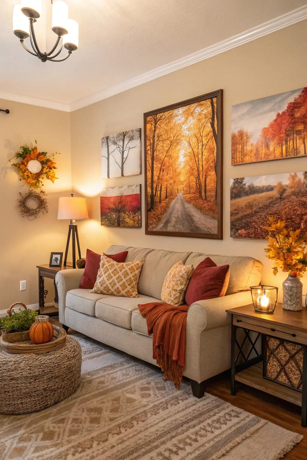 A lounge spot with wall art swaps showing warm colors