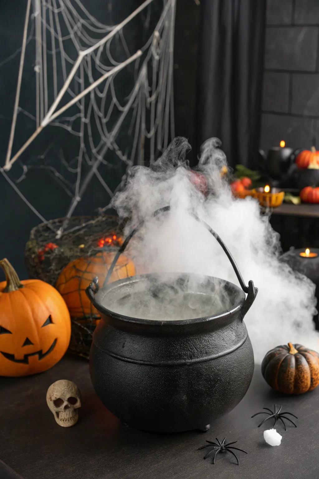 A spell-caster's brew pot bubbles mysteriously on the deck.