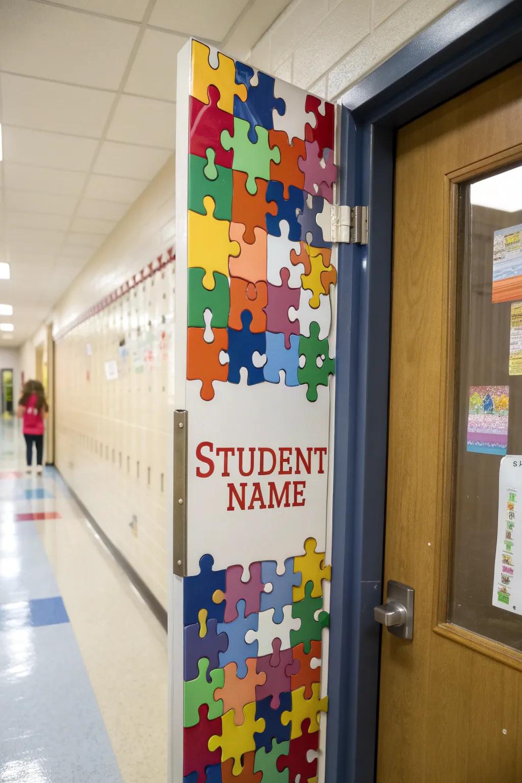 A unified classroom door with puzzle pieces representing students.