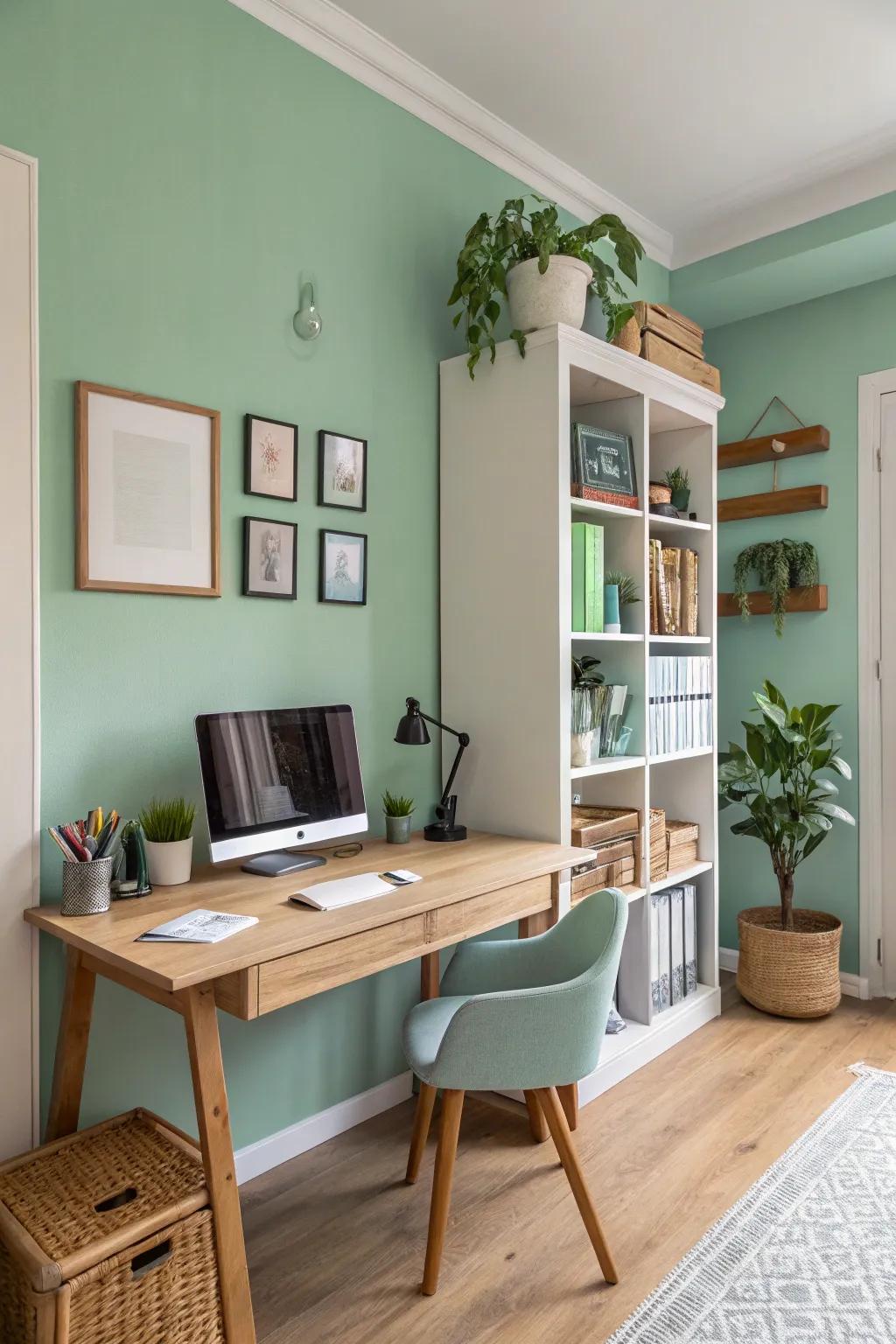 A calming home office featuring seafoam green walls to boost productivity.