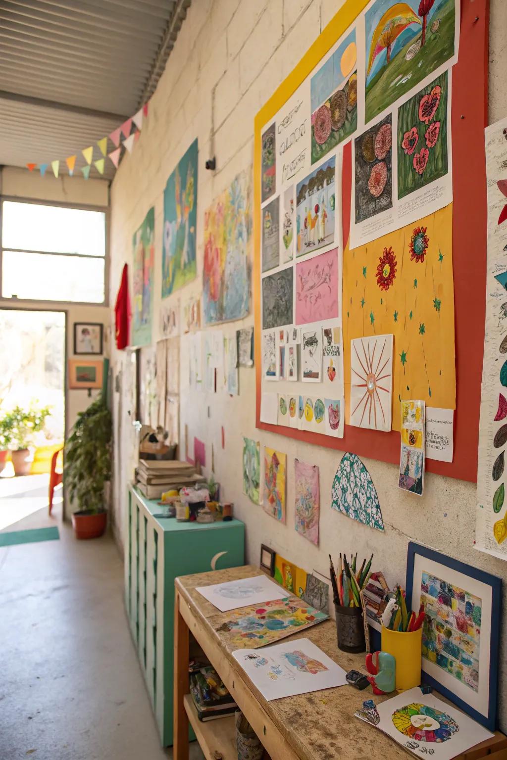 Express creativity using a vibrant collage wall.