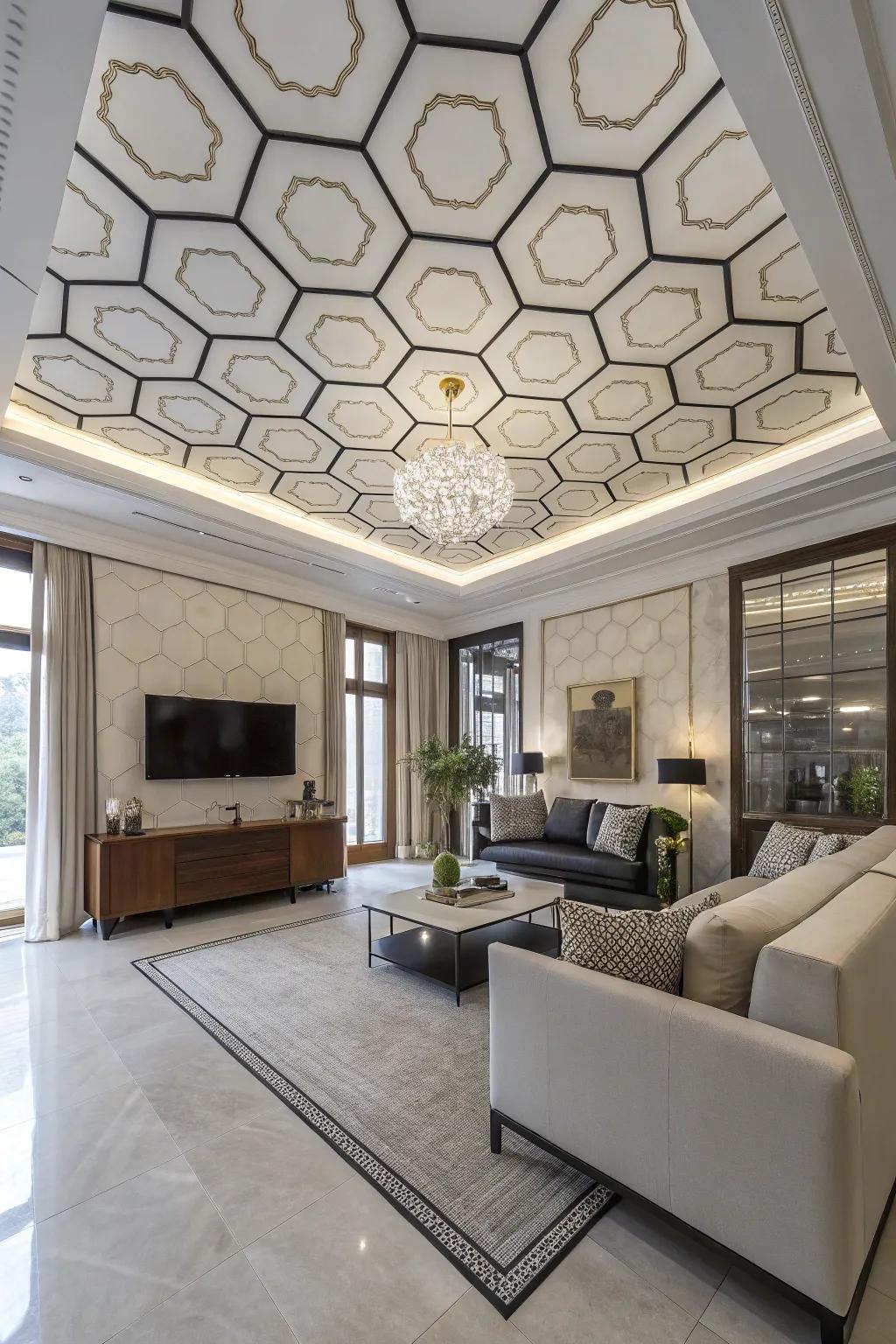 Artistic hexagonal motifs situated within a contemporary shed ceiling.
