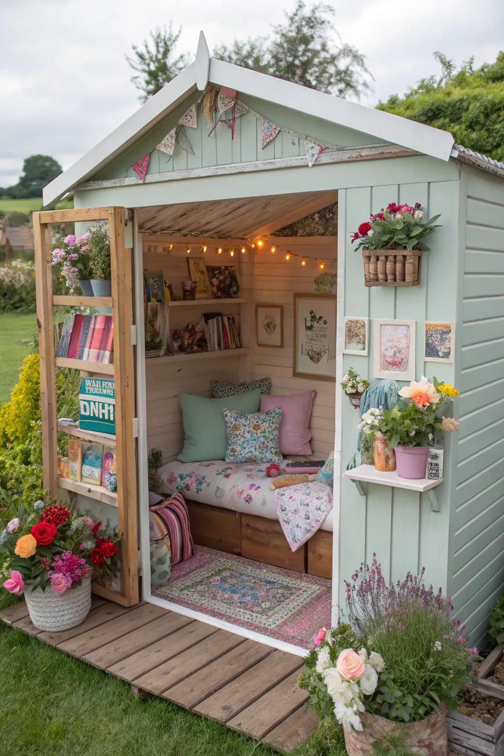 An outdoor shed converted into a comfortable she shed sanctuary.
