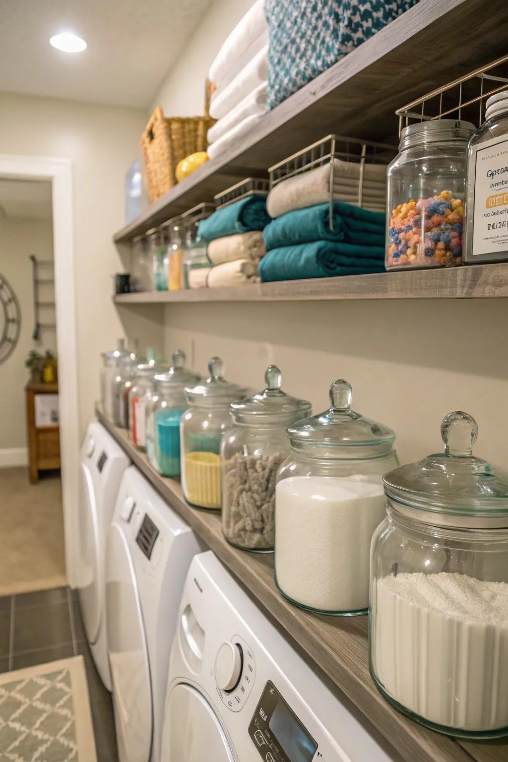 Glass jars on laundry room shelves, showcasing laundry essentials in a stylish and accessible manner.
