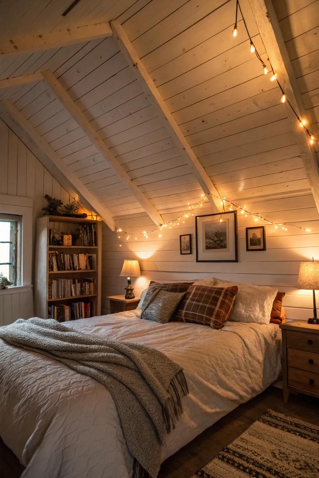 A shiplap ceiling enhances the cozy feel of your bedroom.