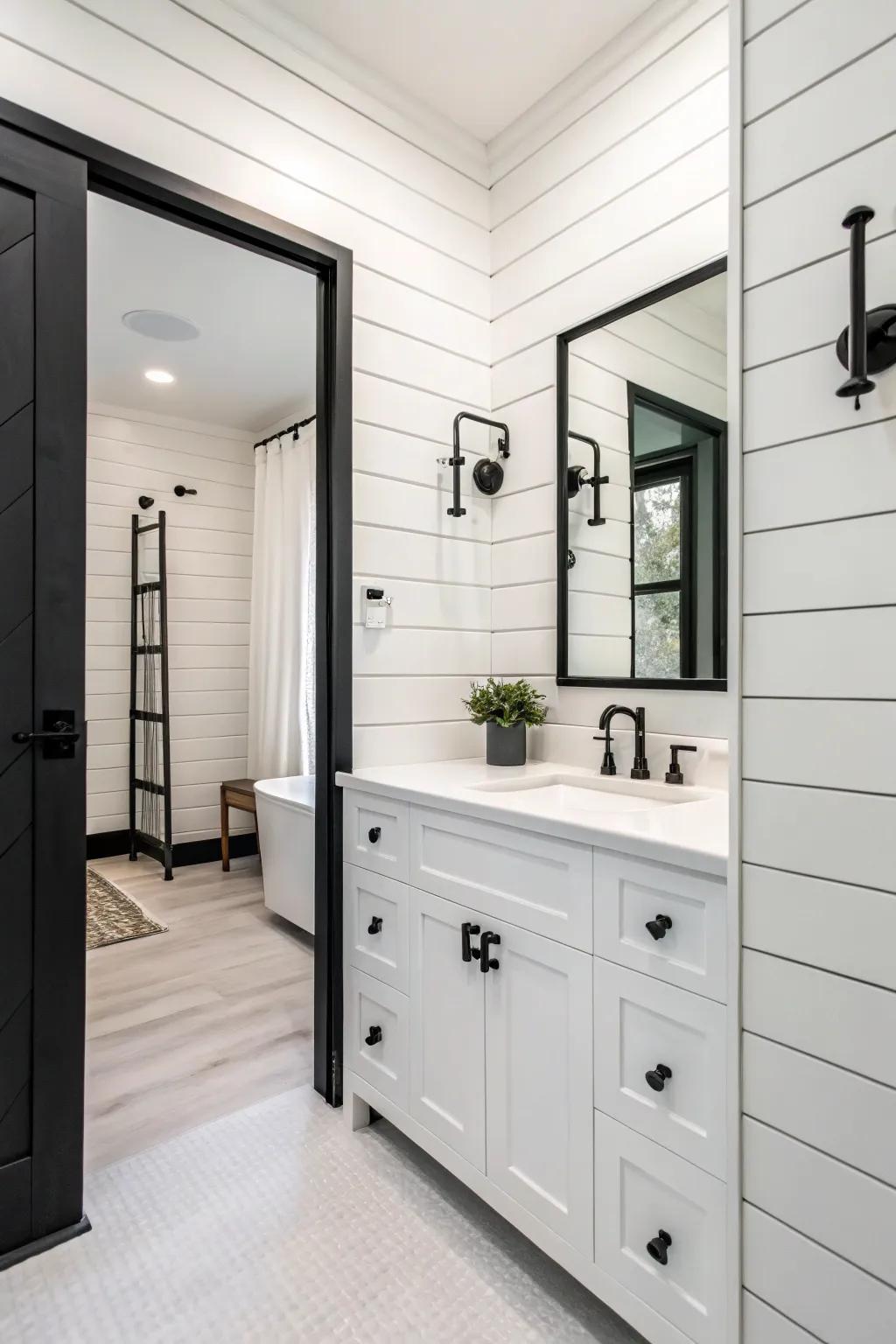 A monotone bathroom featuring white planks to enhance the textured look.