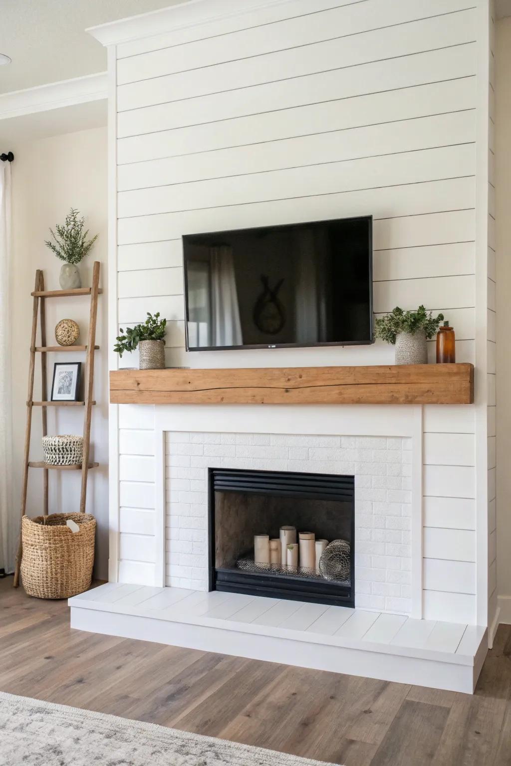 Minimalist shiplap fireplace emphasizing smooth lines and simplicity.