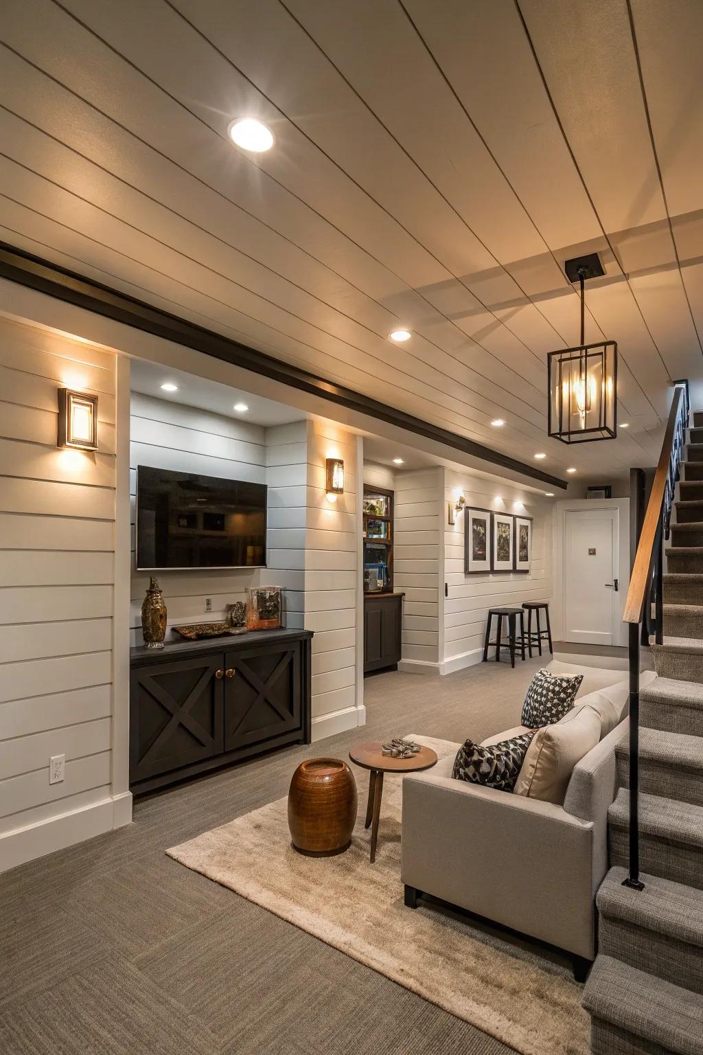 Modern fixtures and shiplap add a contemporary edge.