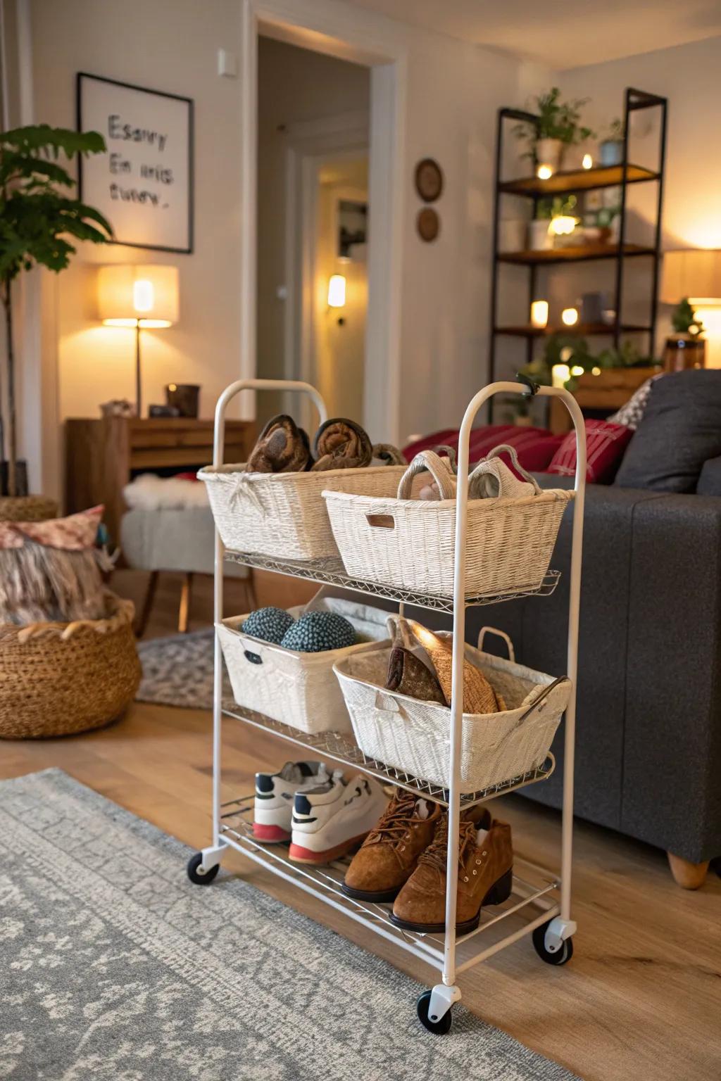 A mobile basket trolley delivers adaptable and portable footwear storage.