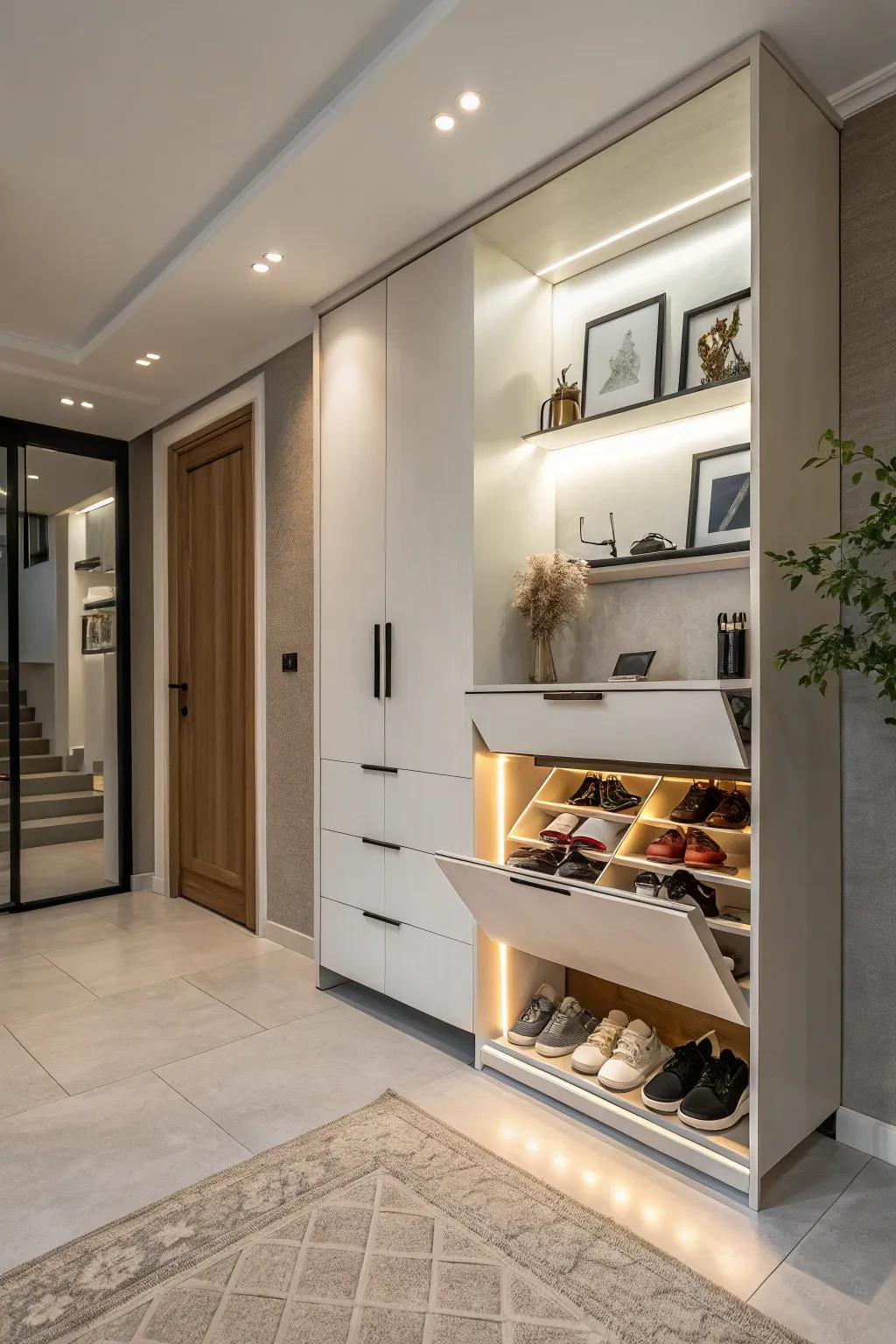 A modern floating shoe cabinet creates an open and airy feel.