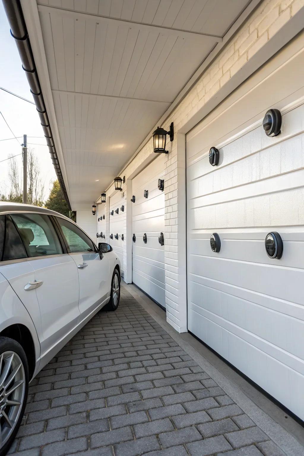 Wall bumpers protecting car doors in a garage.