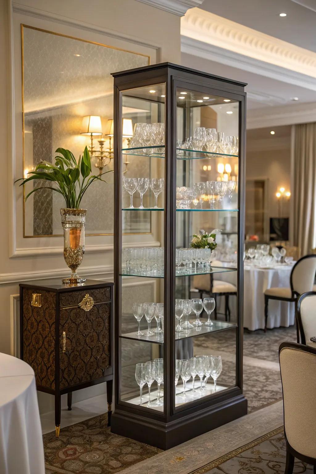 An elegant dining area featuring a glass cabinet showcasing a collection of shot glasses.