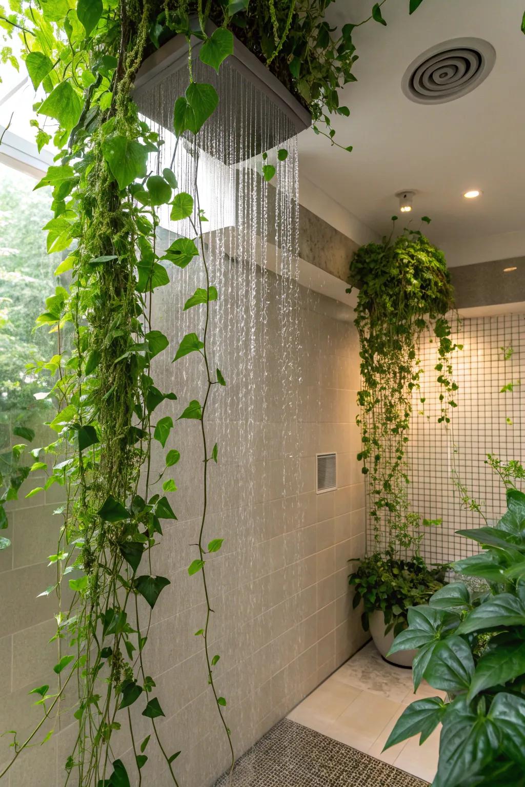 Suspended greens introduce a refreshing natural element.