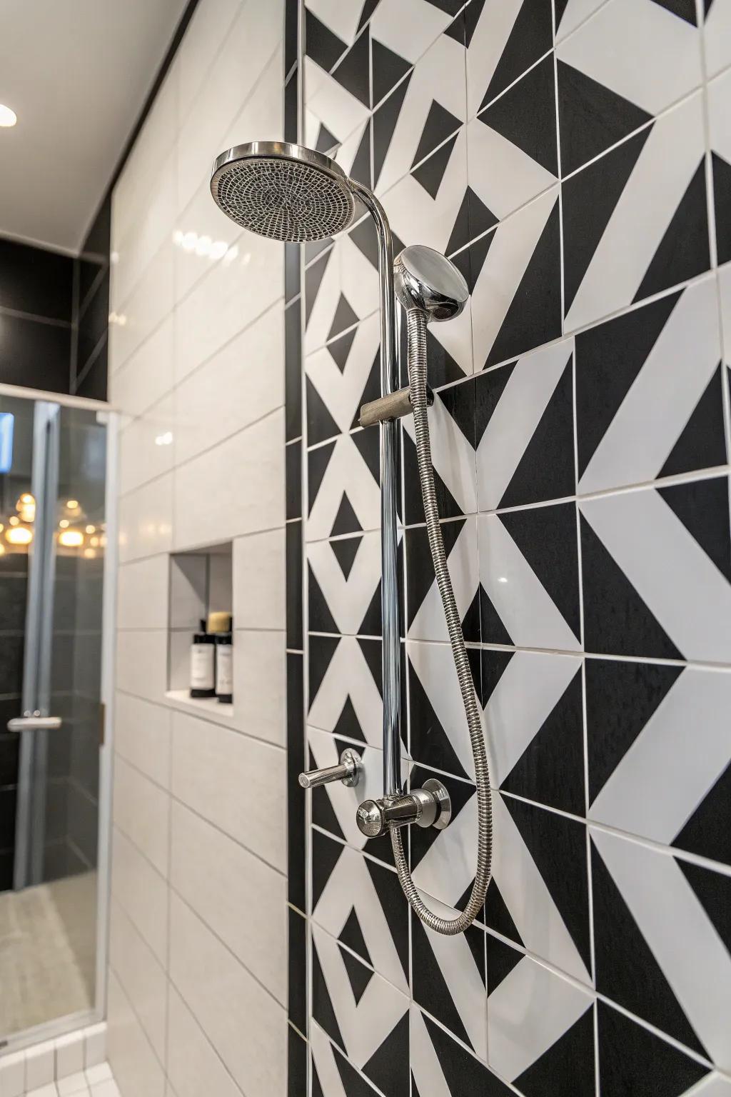 A shower with striking monochrome tile contrasts.