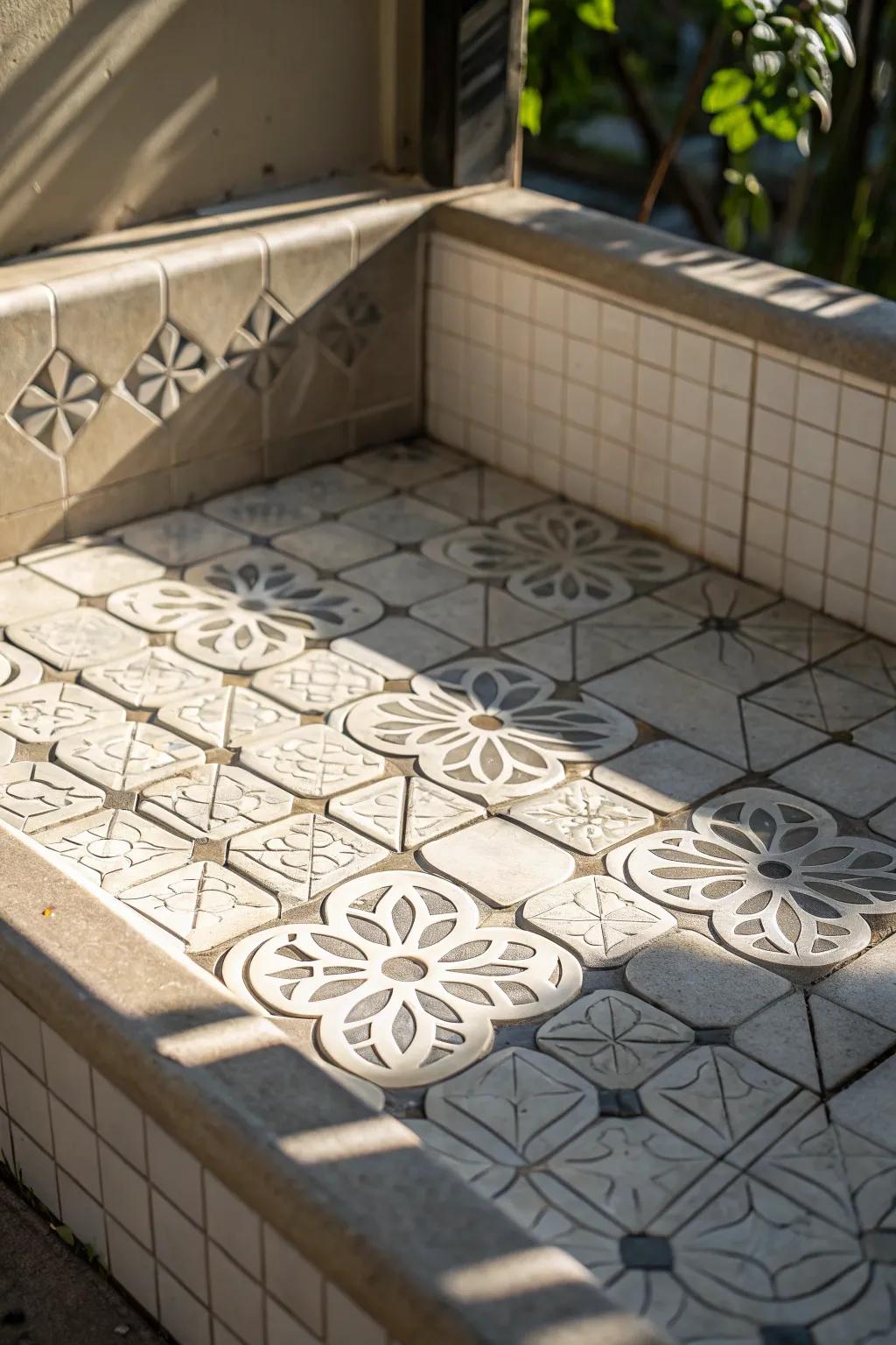 Three-dimensional tiles on this shower pan add depth and create captivating light and shadow effects.