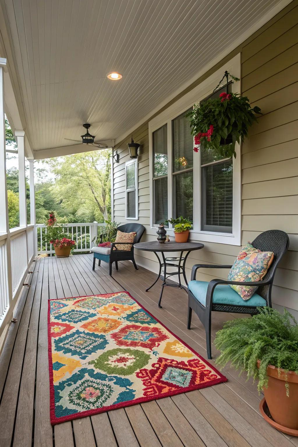 A lively outdoor carpet that boosts the comfort of the side porch.