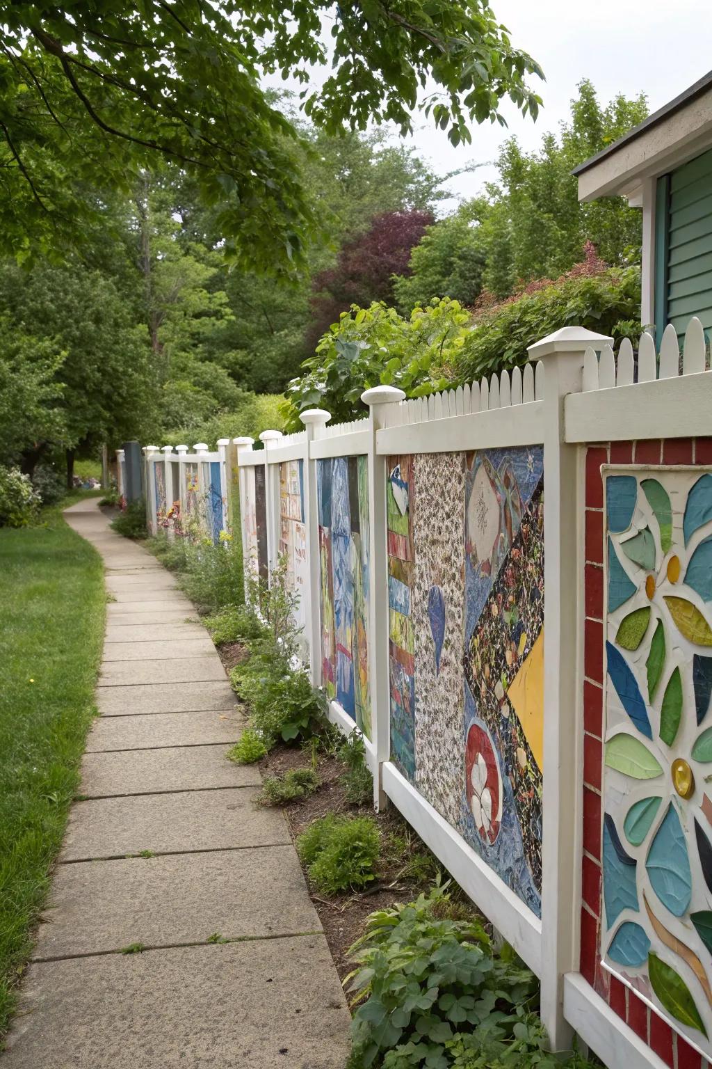 Colorful side yard featuring a glazed shard fence.