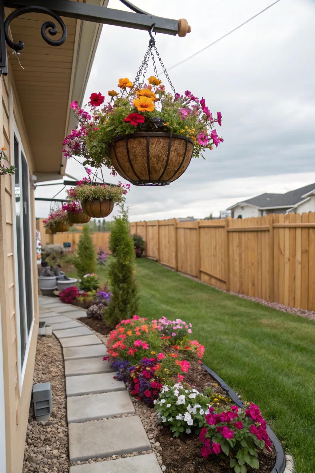 Hanging planters introduce vertical charm to your patio.