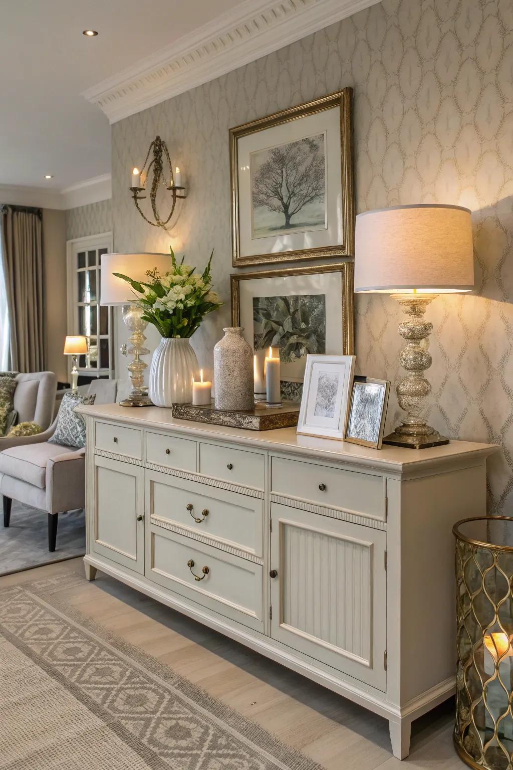 A cohesive pigment palette on a credenza unites the décor beautifully.