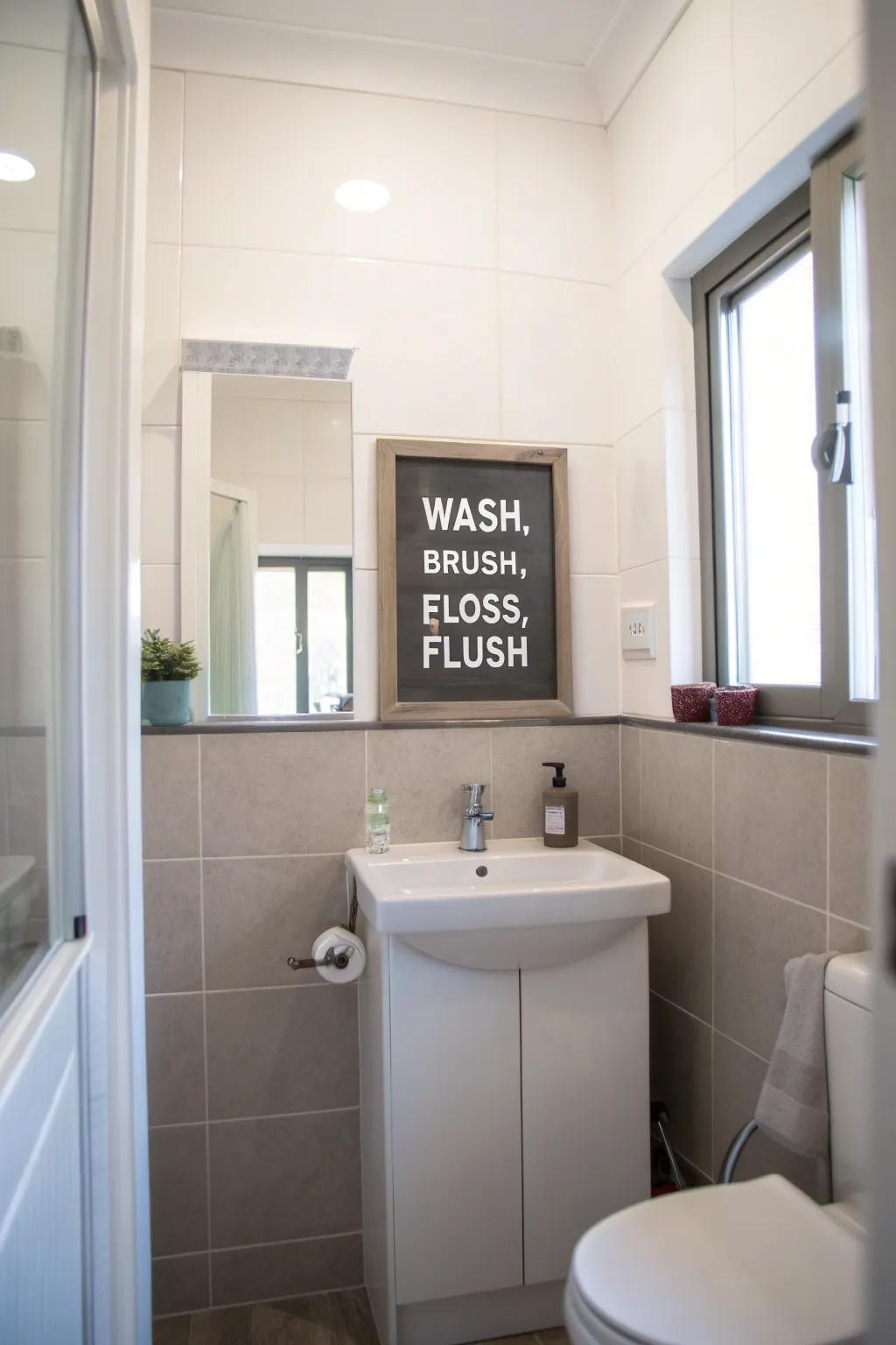 A lavatory featuring a mirthful 'Wash, Scrub, Floss, Flush' plaque.