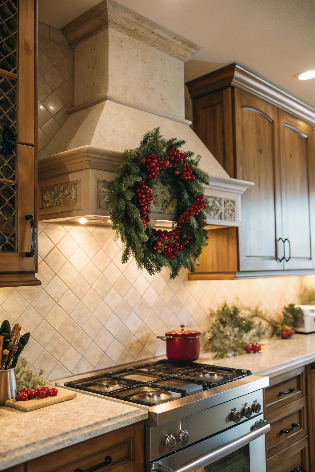 A circlet on the range hood adds elegance.