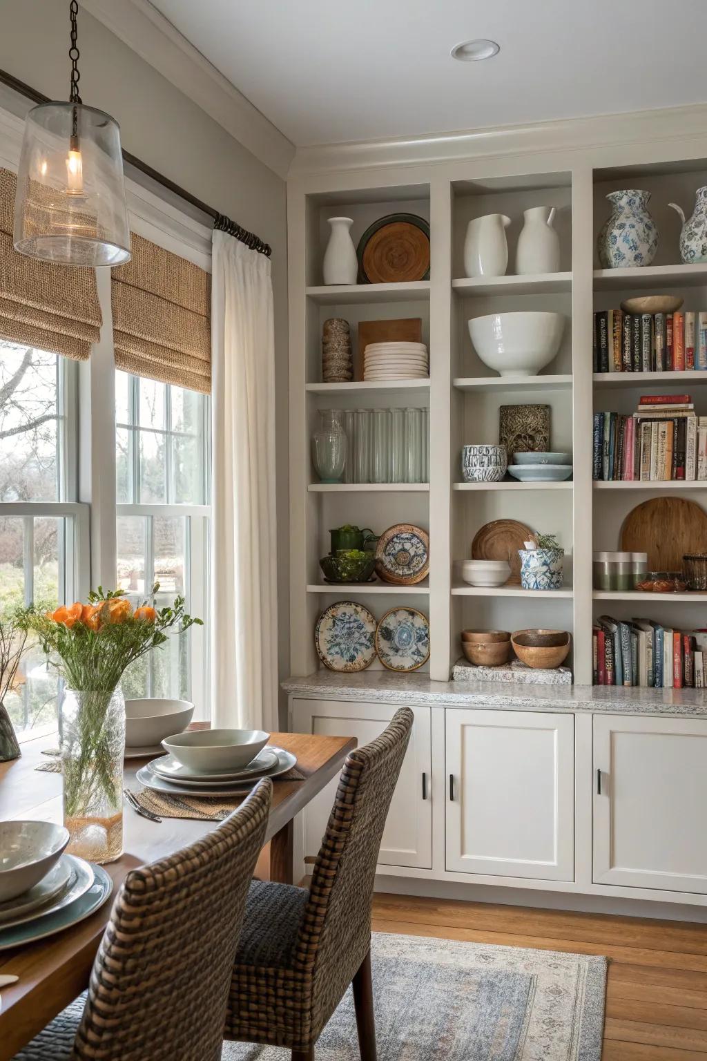 Vertical storage combines functionality with decorative appeal.