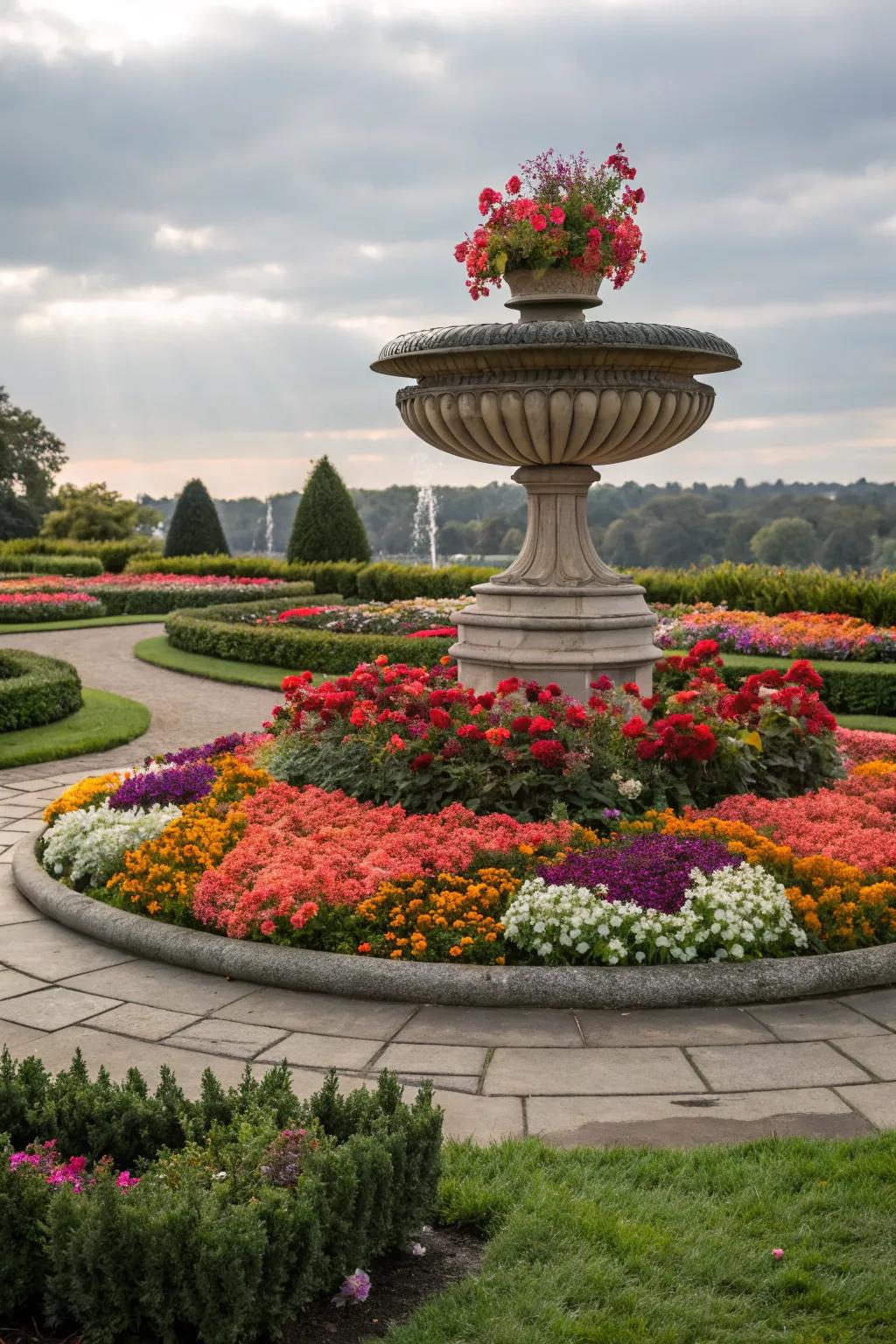 A circular flower bed with a centerpiece creates a focal point in the garden.