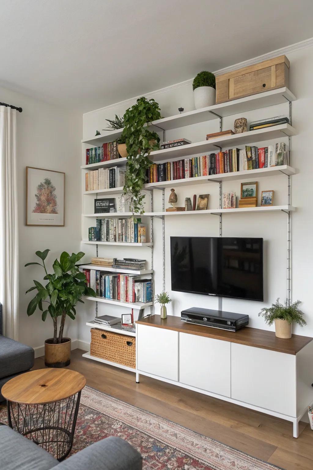 Vertical storage solutions help keep the living area organized.