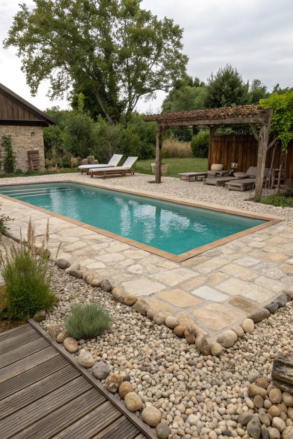 Pea gravel adding texture and rustic charm to the poolside.