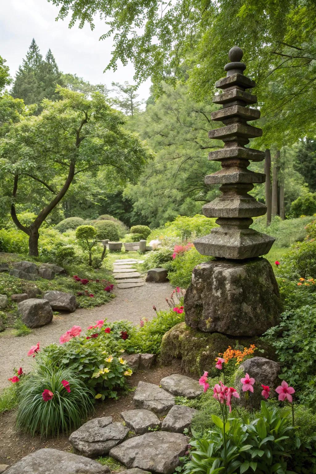 Stacked stones create architectural interest in rock gardens.