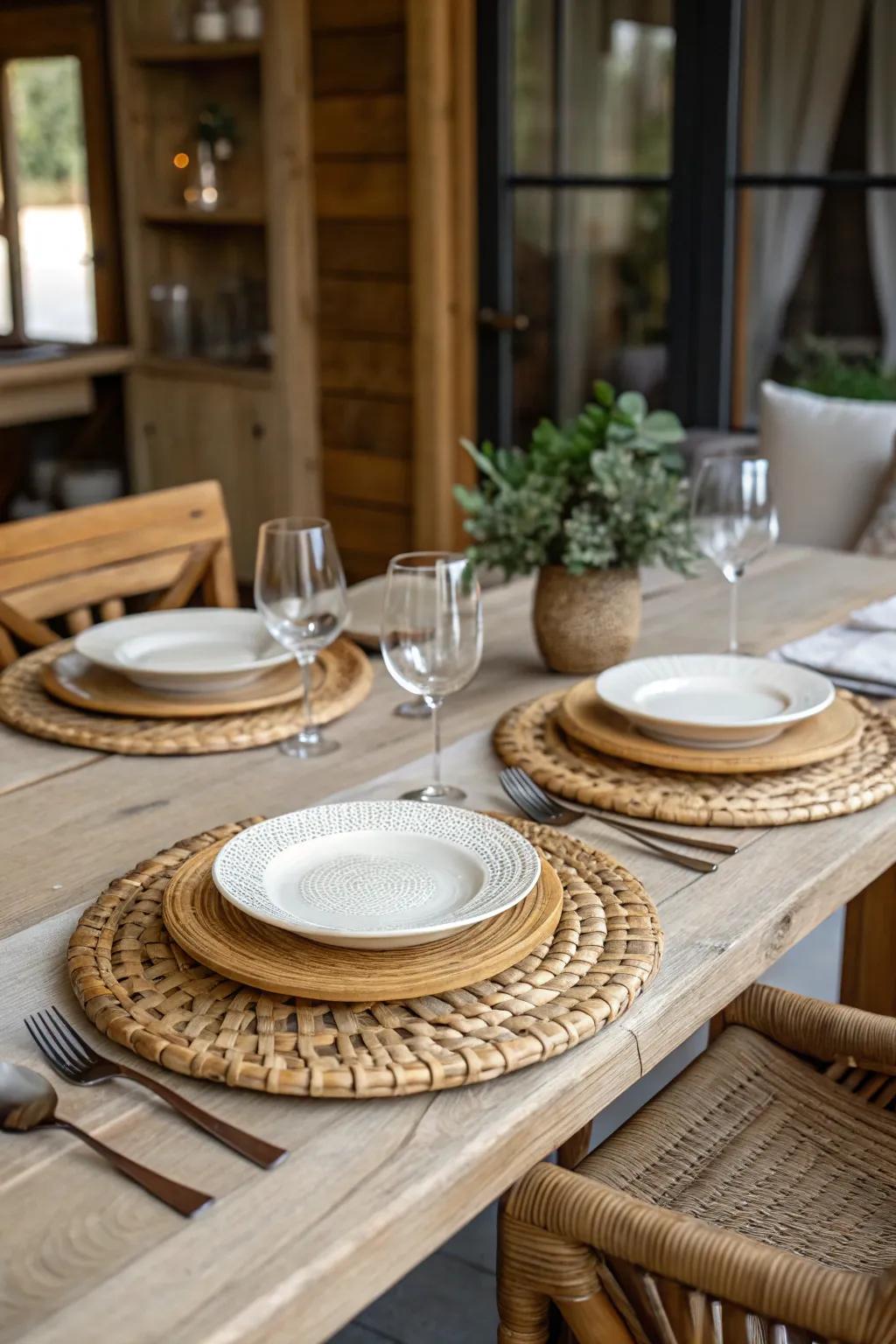 Cane plate holders providing texture to a rustic table arrangement.