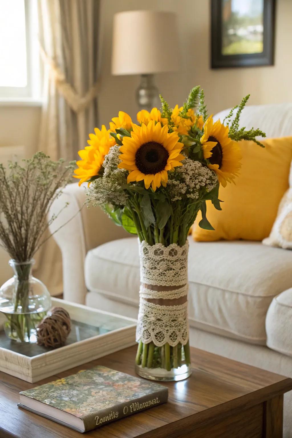 Delicate fabric adds an elegant flair to a sunflower arrangement.