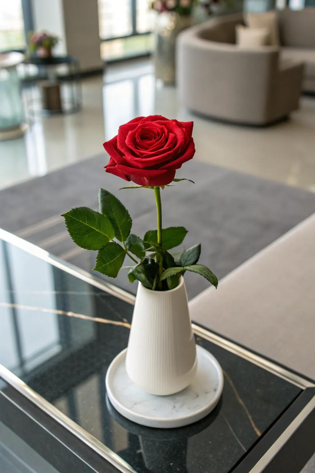 A porcelain holder incorporates elegance to a solitary rose.