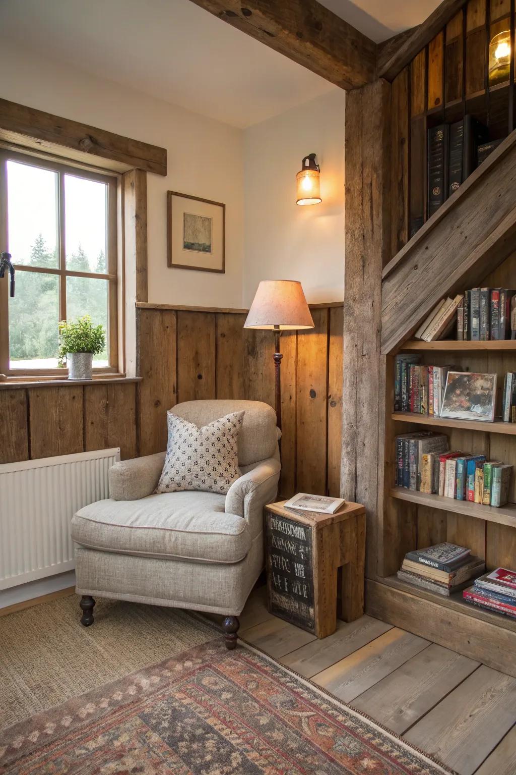 Aged wooden baseboards infuse reading spaces with country style charm.