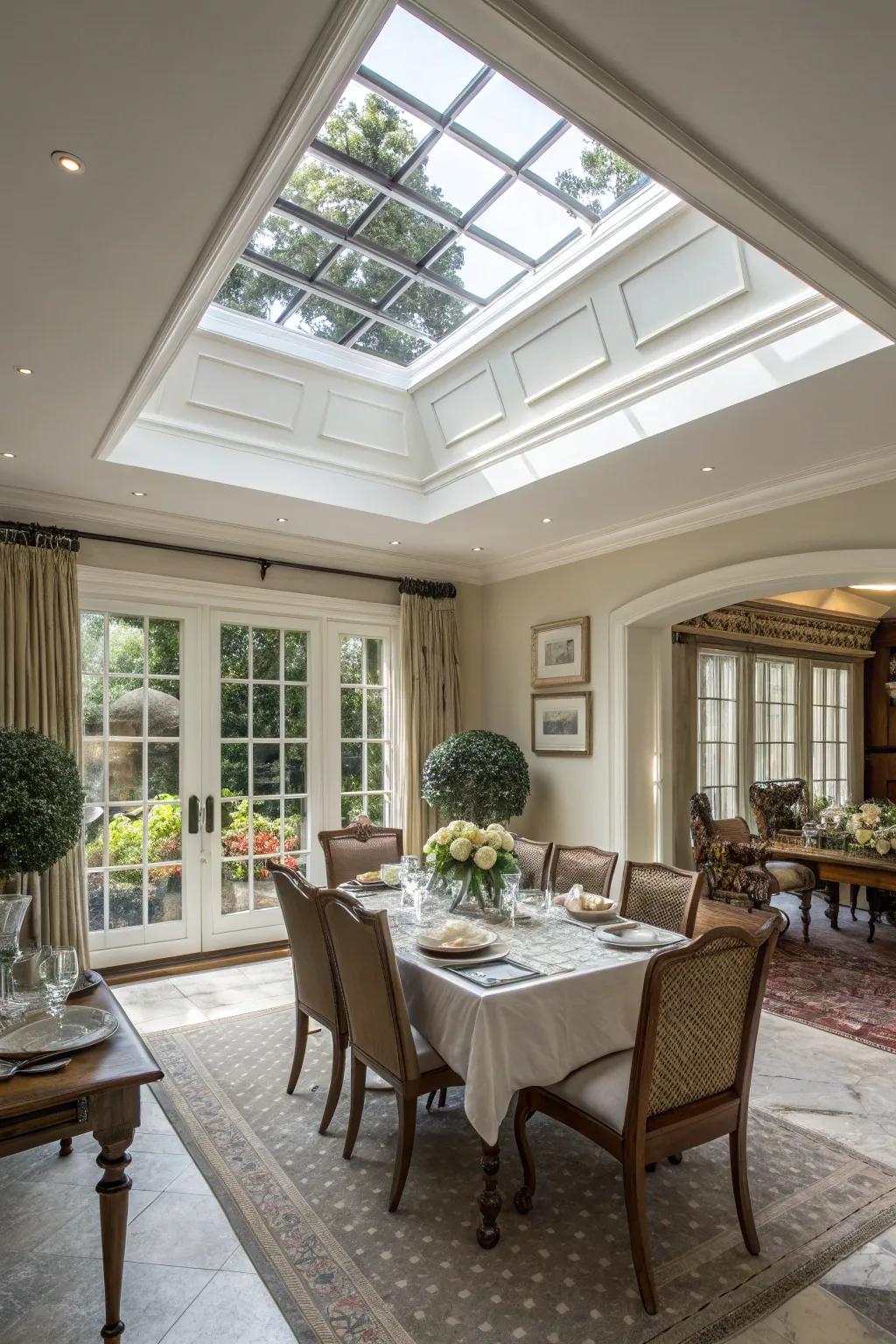 A dining room with a skylight featuring oversized trim.